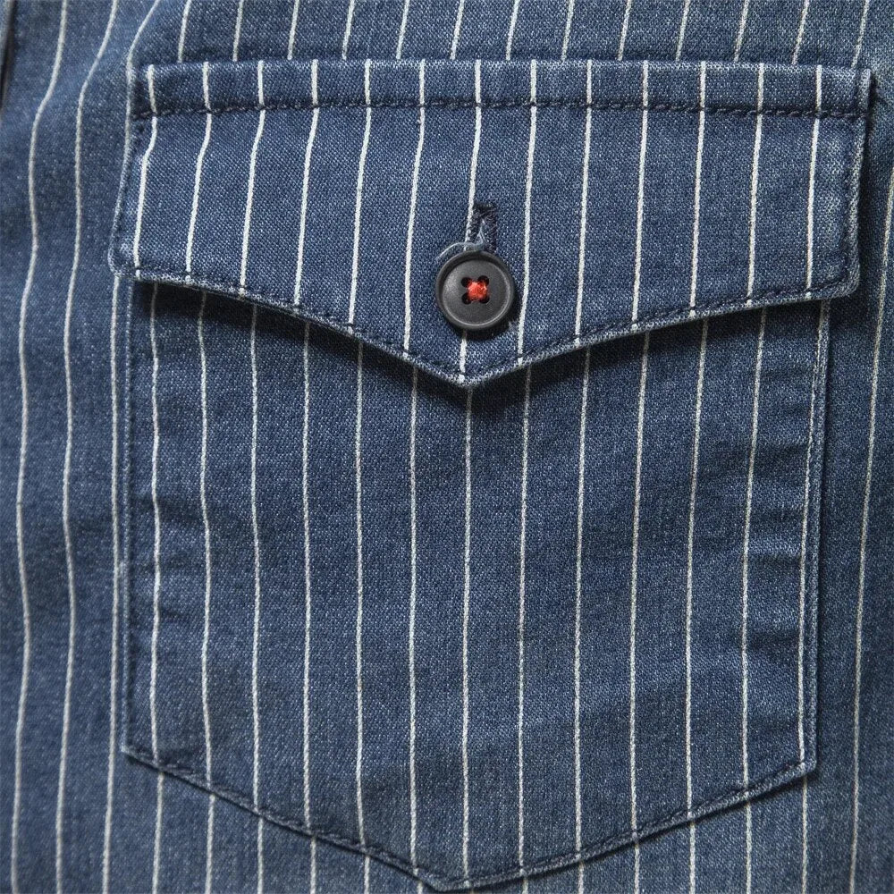 men's long sleeve striped denim button-down shirt with dual chest pockets