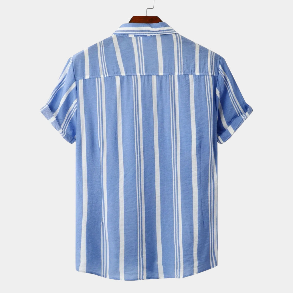 men's vertical stripe button-up short sleeve shirt