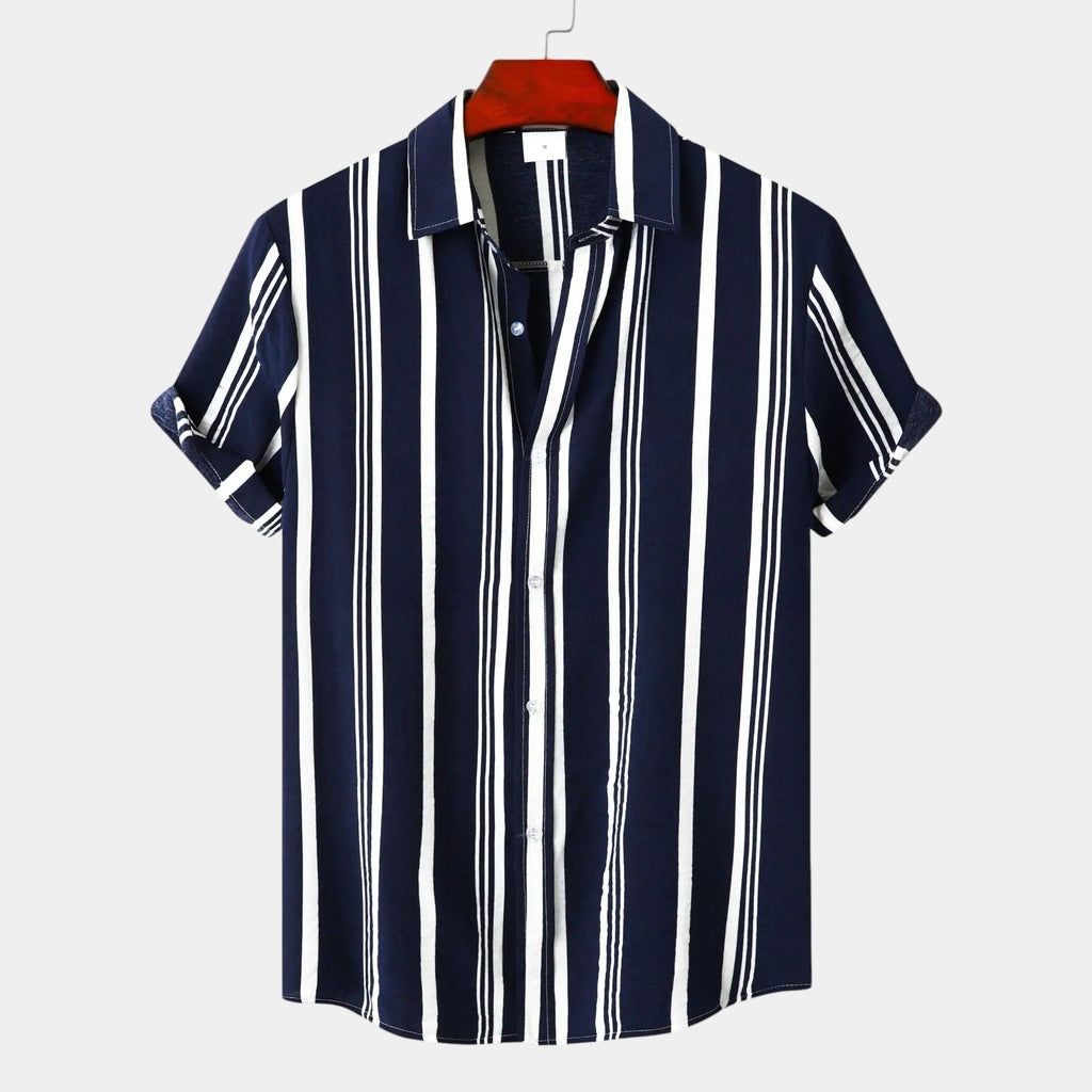men's vertical stripe button-up short sleeve shirt