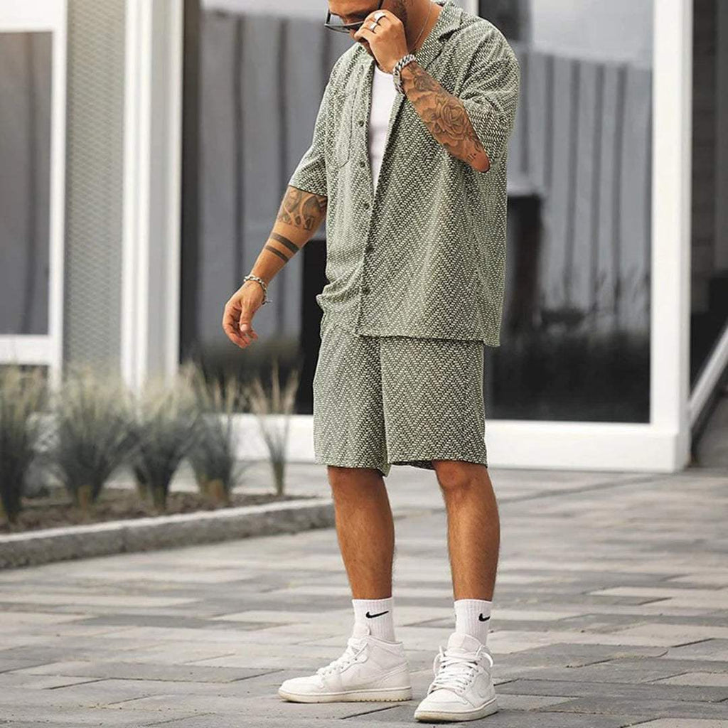 men's green short sleeve button down shirt and drawstring shorts two piece set