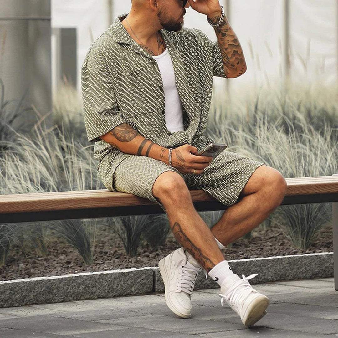 men's green short sleeve button down shirt and drawstring shorts two piece set