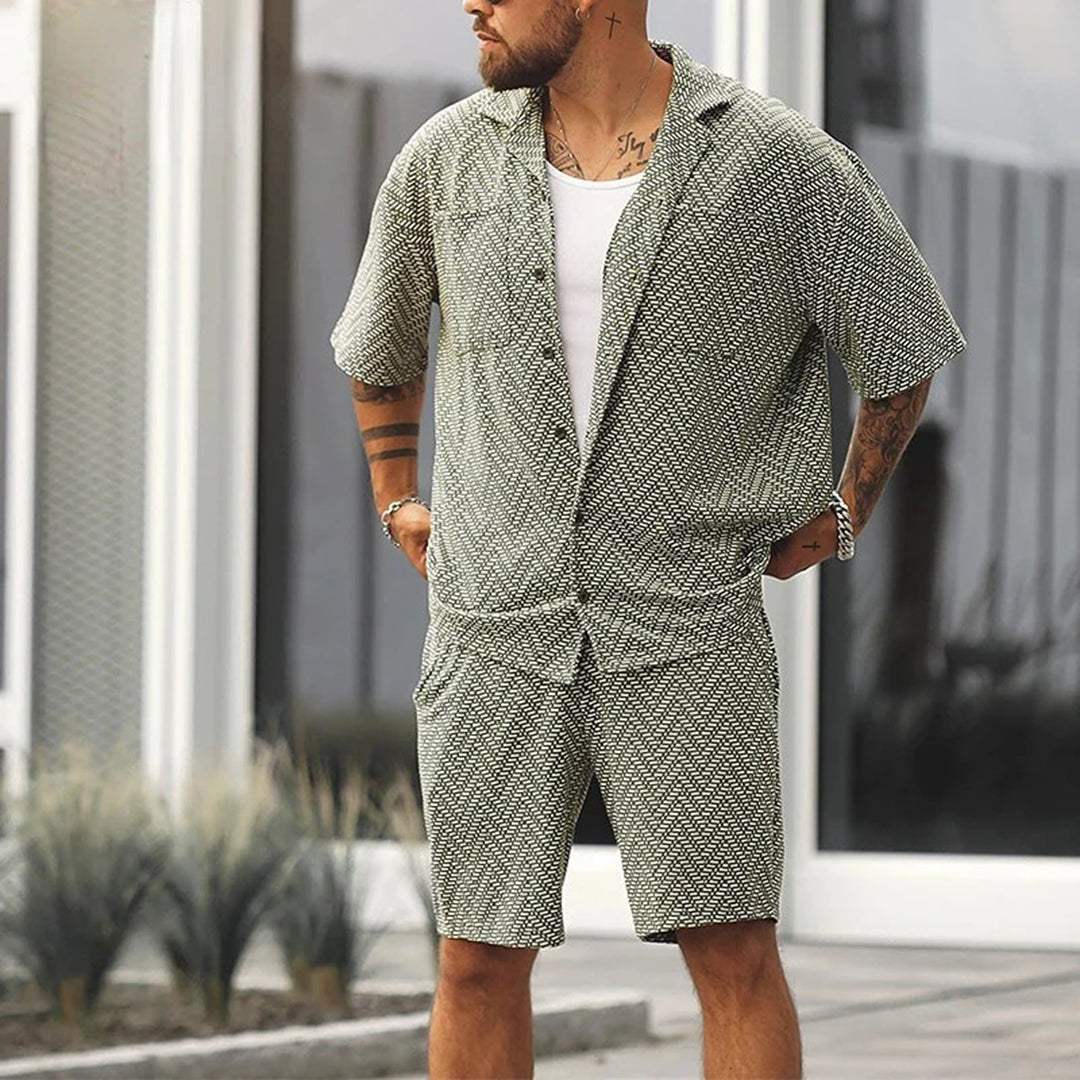 men's green short sleeve button down shirt and drawstring shorts two piece set