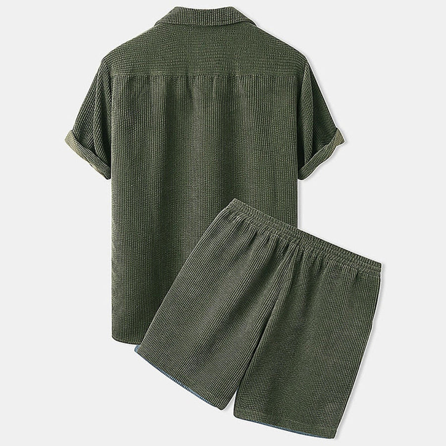 men's textured short sleeve button shirt with elastic drawstring shorts set