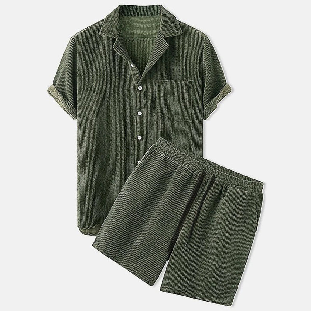 men's textured short sleeve button shirt with elastic drawstring shorts set