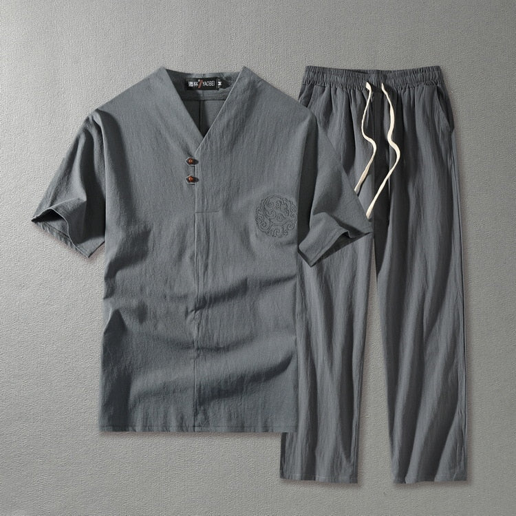 men's linen blend v-neck short sleeve top and straight-leg drawstring pants set