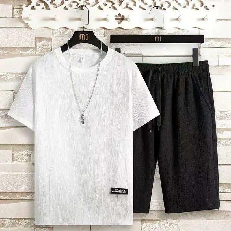 men's short sleeve crew neck top and contrast stripe drawstring shorts set