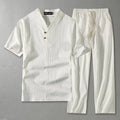 men's linen blend v-neck short sleeve top and straight-leg drawstring pants set