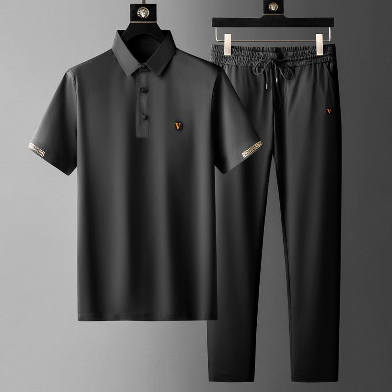 men's polo shirt and trousers set with button placket and drawstring waist