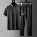 men's polo shirt and trousers set with button placket and drawstring waist