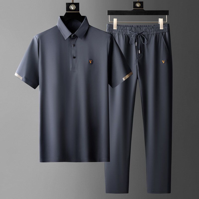 men's polo shirt and trousers set with button placket and drawstring waist