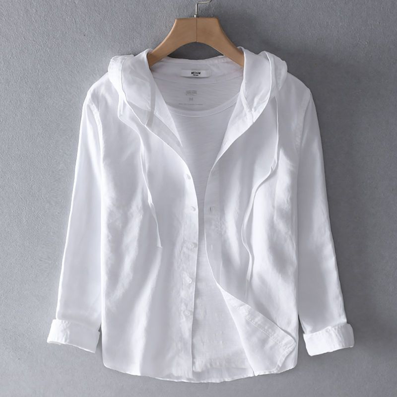 men's linen blend hooded shirt with long sleeves, drawstring hood, curved hem