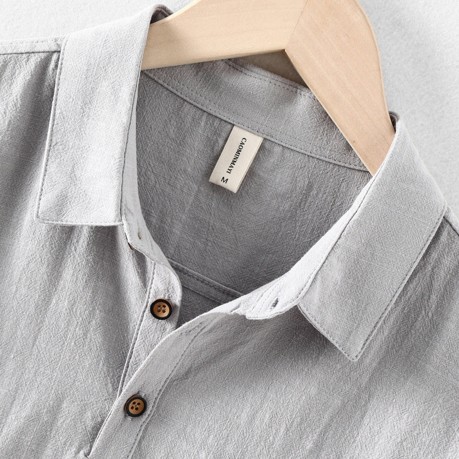men's short-sleeve linen blend pull-on shirt with point collar two-button