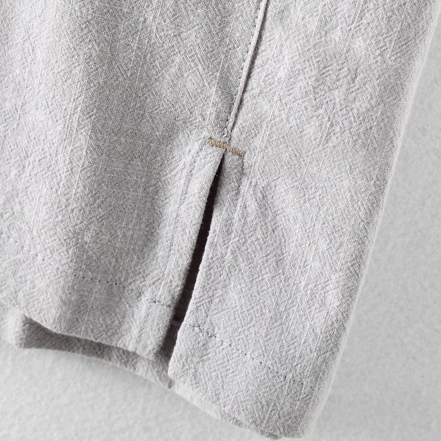 men's short-sleeve linen blend pull-on shirt with point collar two-button