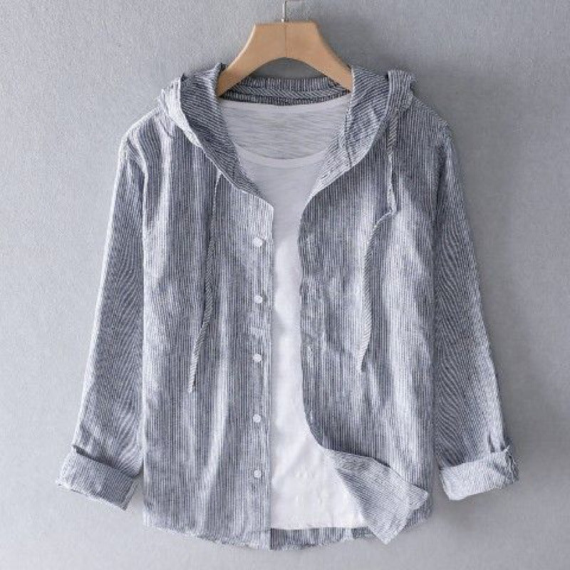 men's linen blend hooded shirt with long sleeves, drawstring hood, curved hem