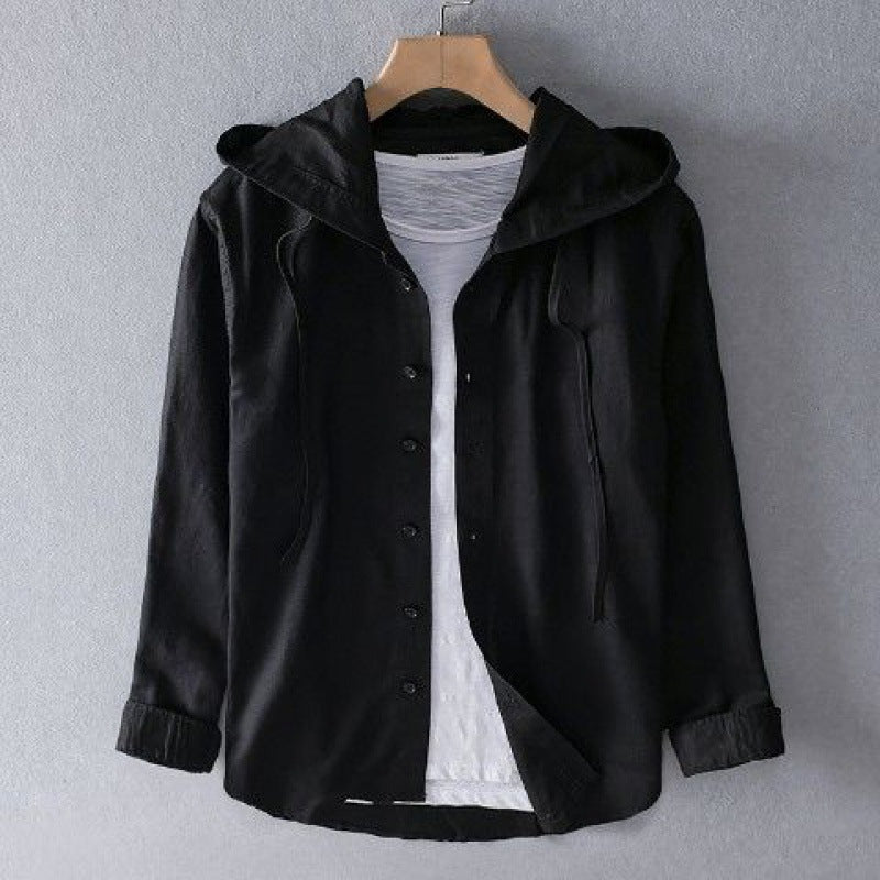 men's linen blend hooded shirt with long sleeves, drawstring hood, curved hem