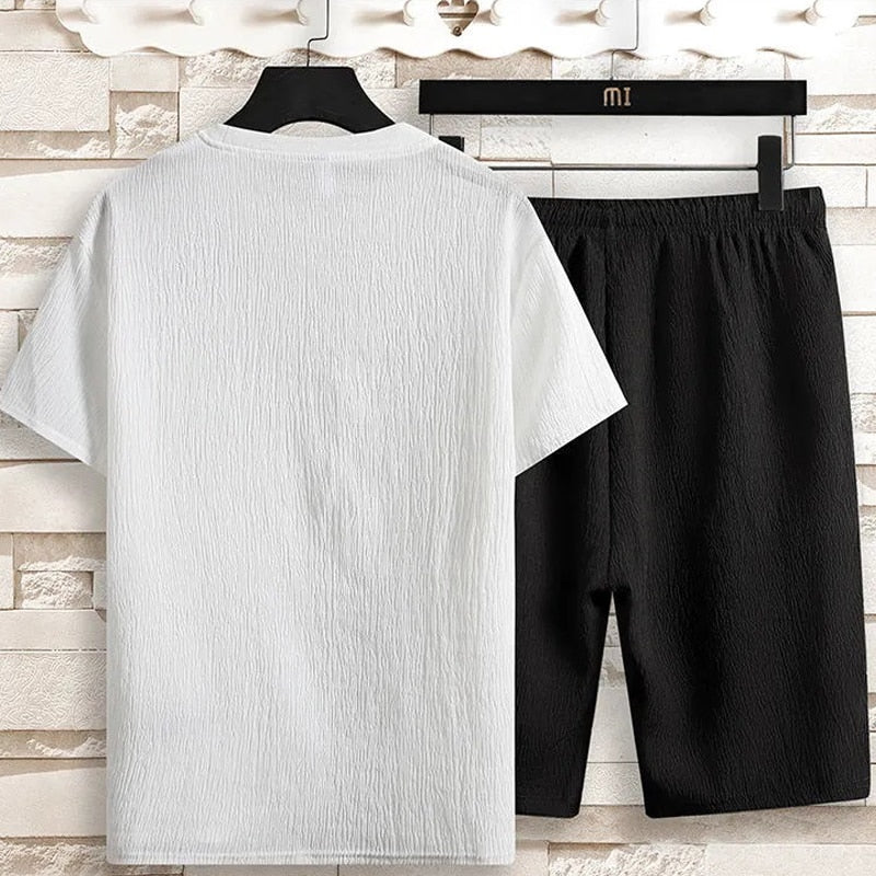 men's short sleeve crew neck top and contrast stripe drawstring shorts set