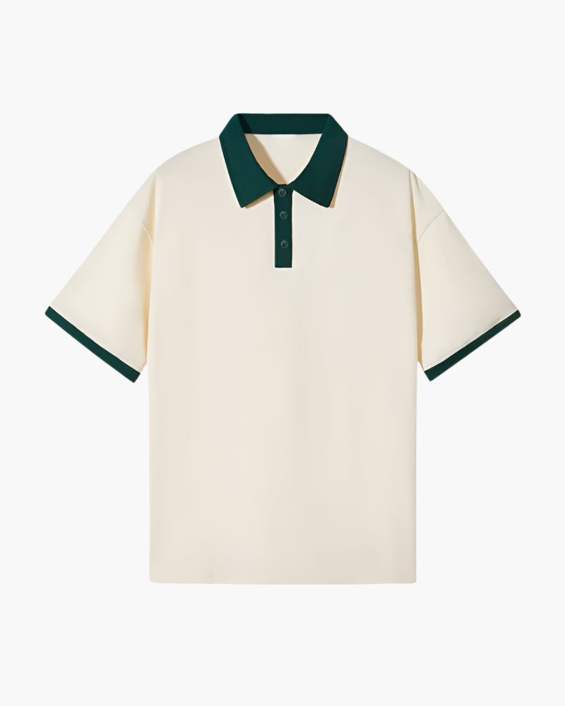 men's relaxed fit short sleeve polo with contrast collar, placket, and cuffs
