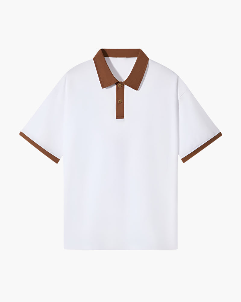 men's relaxed fit short sleeve polo with contrast collar, placket, and cuffs