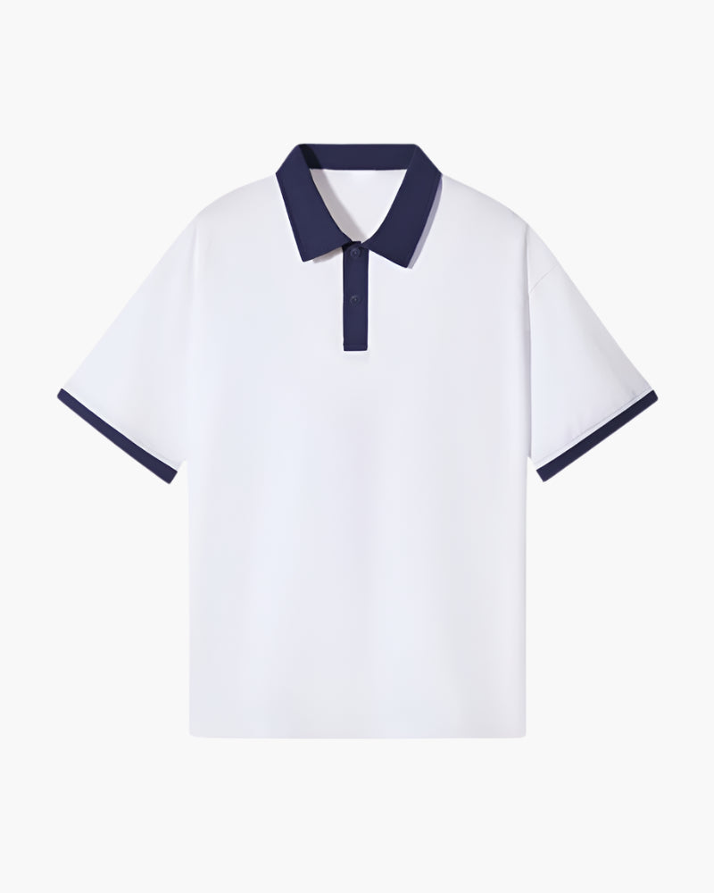 men's relaxed fit short sleeve polo with contrast collar, placket, and cuffs
