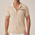 men's openwork short sleeve shirt with button-front camp collar contrast tips