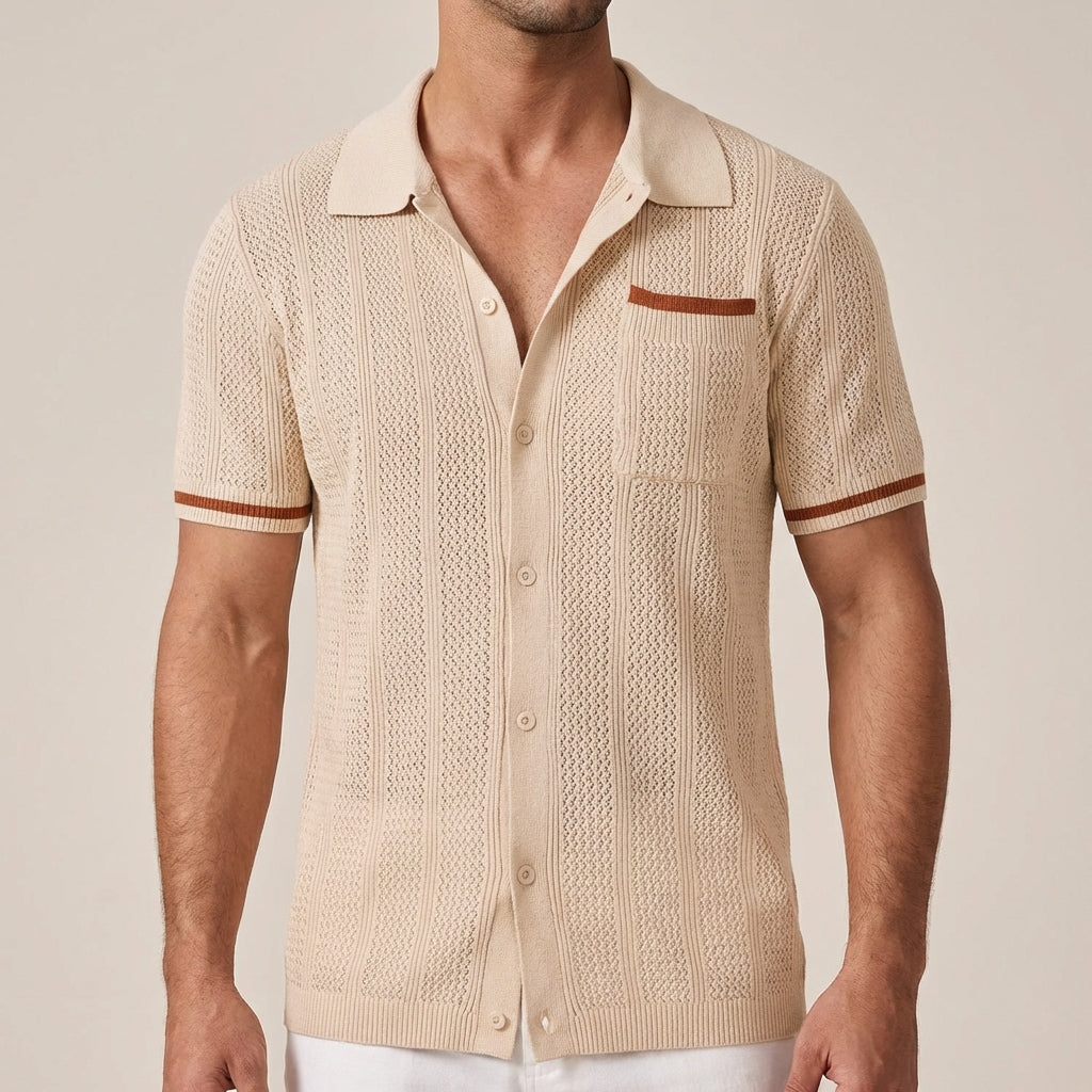 men's openwork short sleeve shirt with button-front camp collar contrast tips