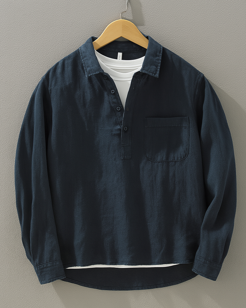 relaxed fit linen long sleeve pullover shirt with half placket and chest pocket