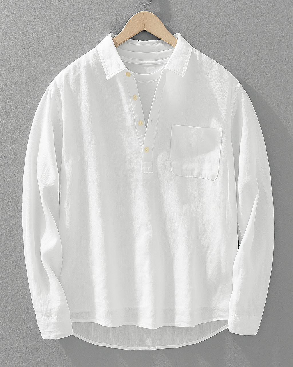 relaxed fit linen long sleeve pullover shirt with half placket and chest pocket