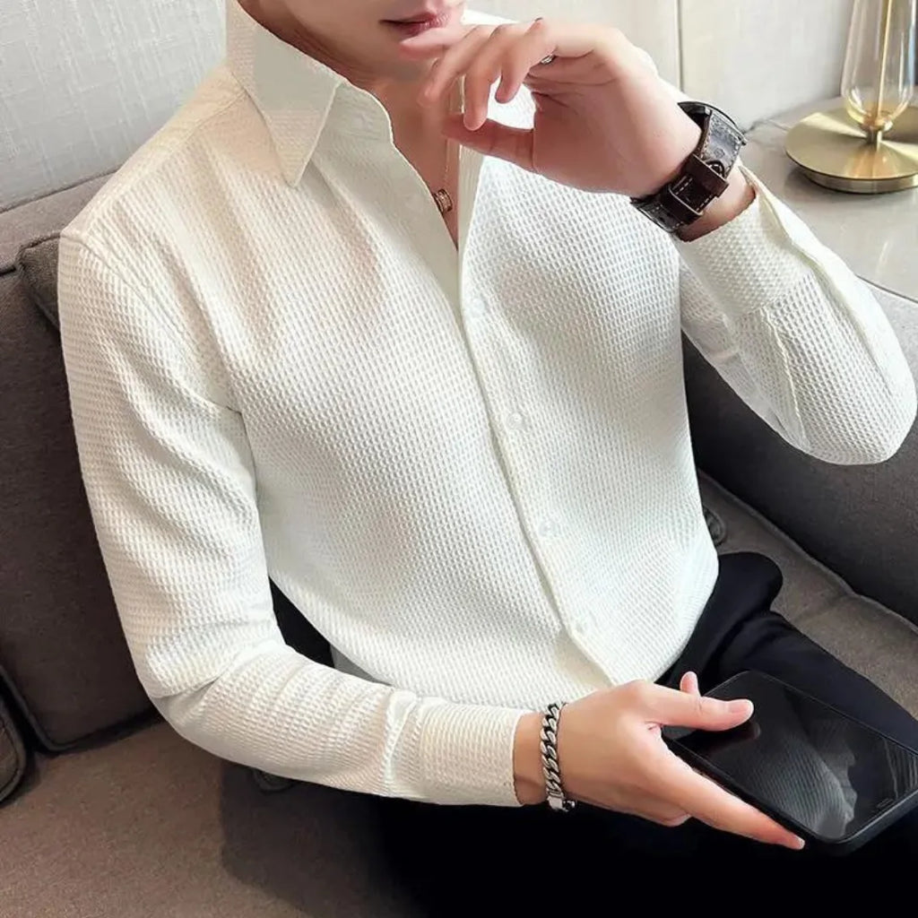 slim fit men's long sleeve button-down shirt with textured finish