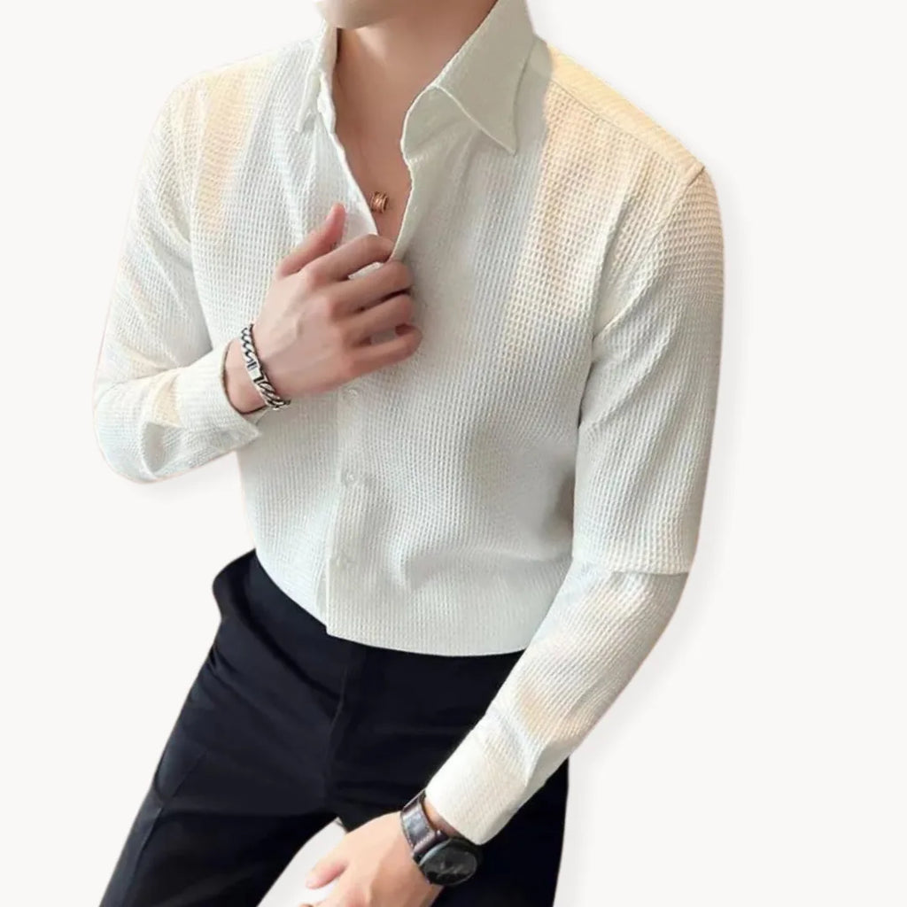 slim fit men's long sleeve button-down shirt with textured finish