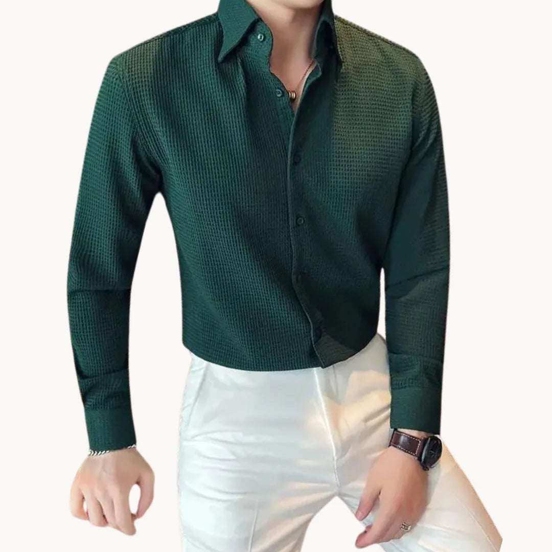 slim fit men's long sleeve button-down shirt with textured finish