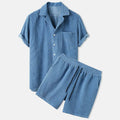 men's textured short sleeve button shirt with elastic drawstring shorts set