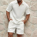 men's waffle texture short set with zip polo short sleeve top and elastic shorts