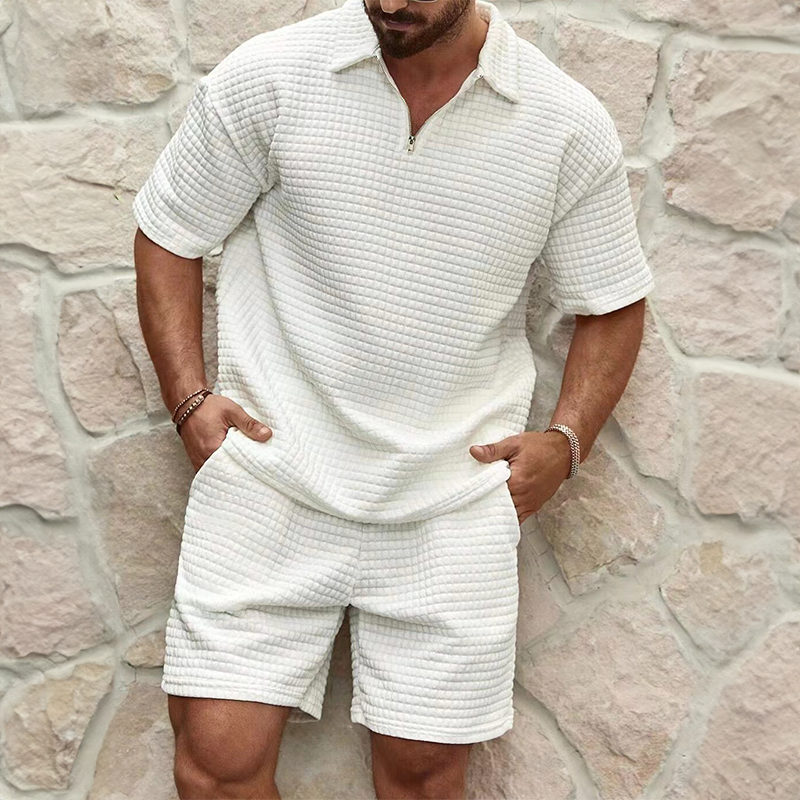 men's waffle texture short set with zip polo short sleeve top and elastic shorts