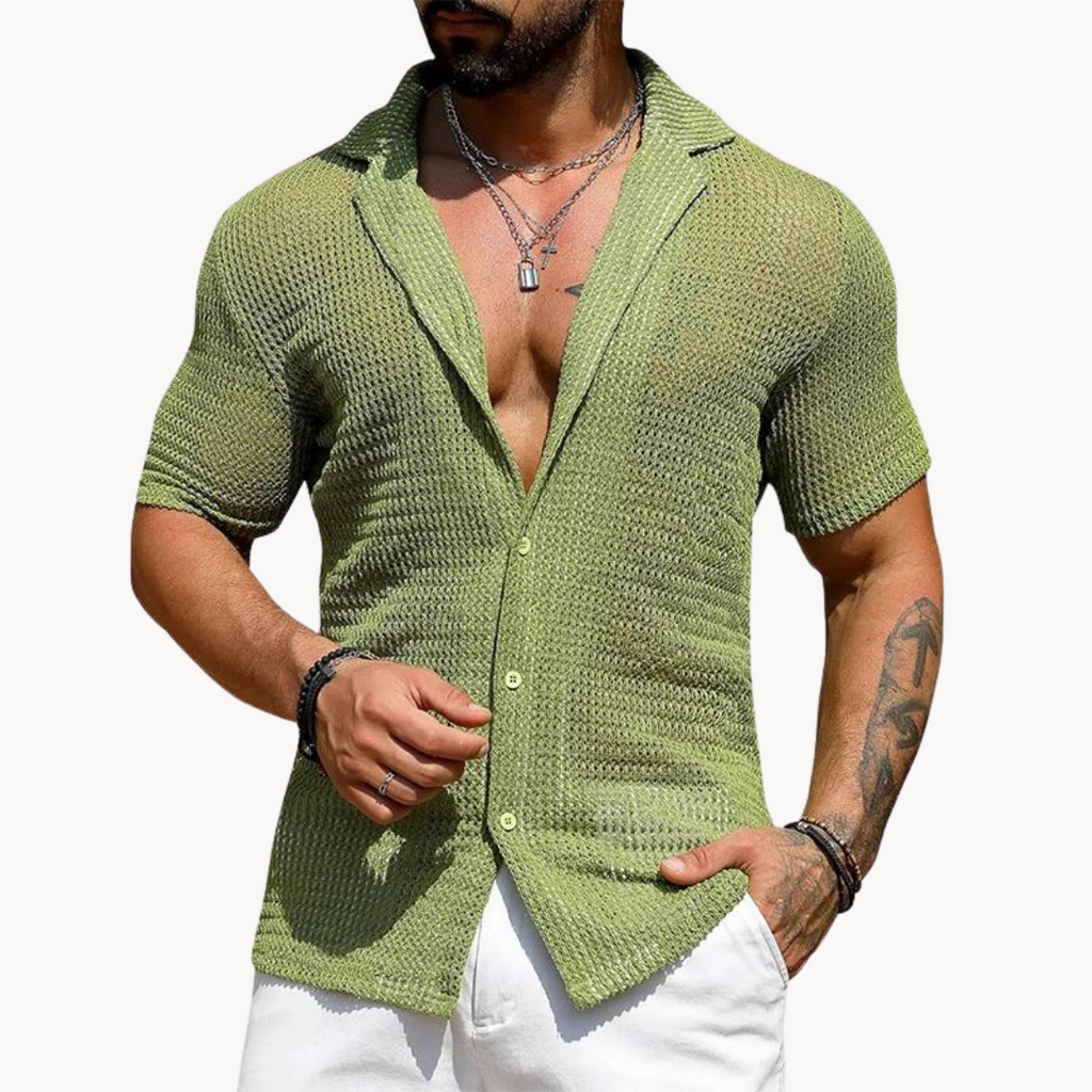 men's open-knit camp collar shirt with short sleeves button-up summer polo