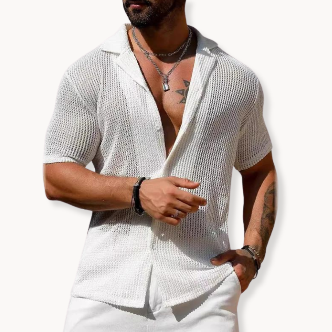 men's open-knit camp collar shirt with short sleeves button-up summer polo