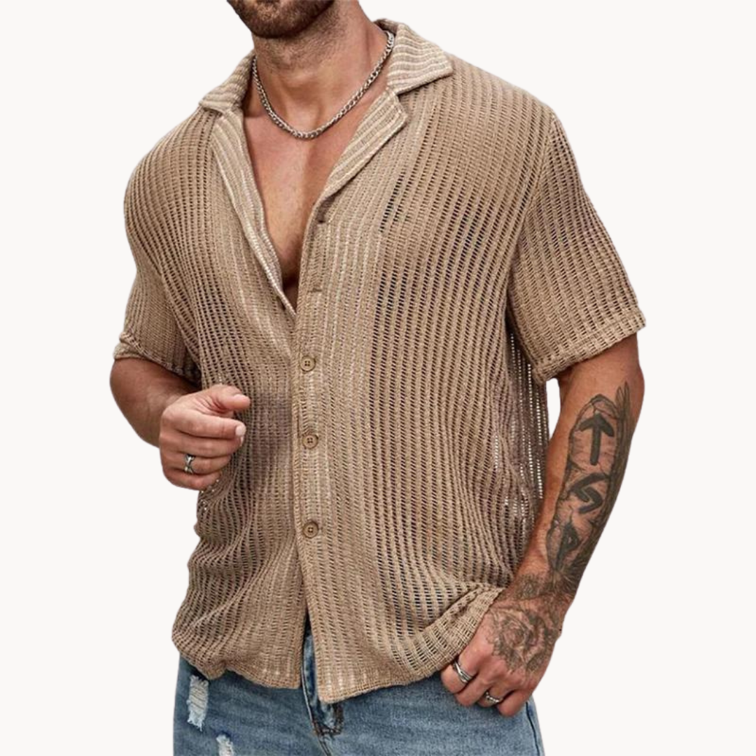 men's open-knit camp collar shirt with short sleeves button-up summer polo