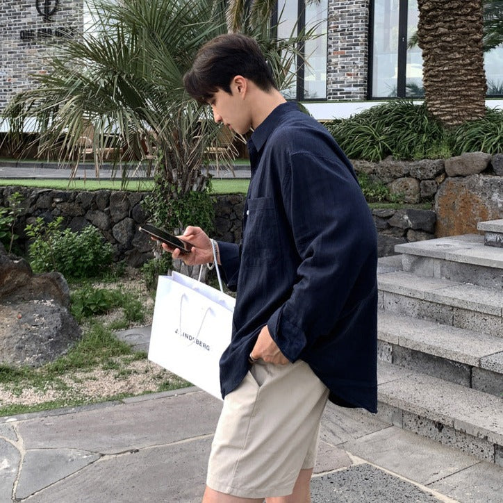 men's oversized linen shirt with button-down front and point collar