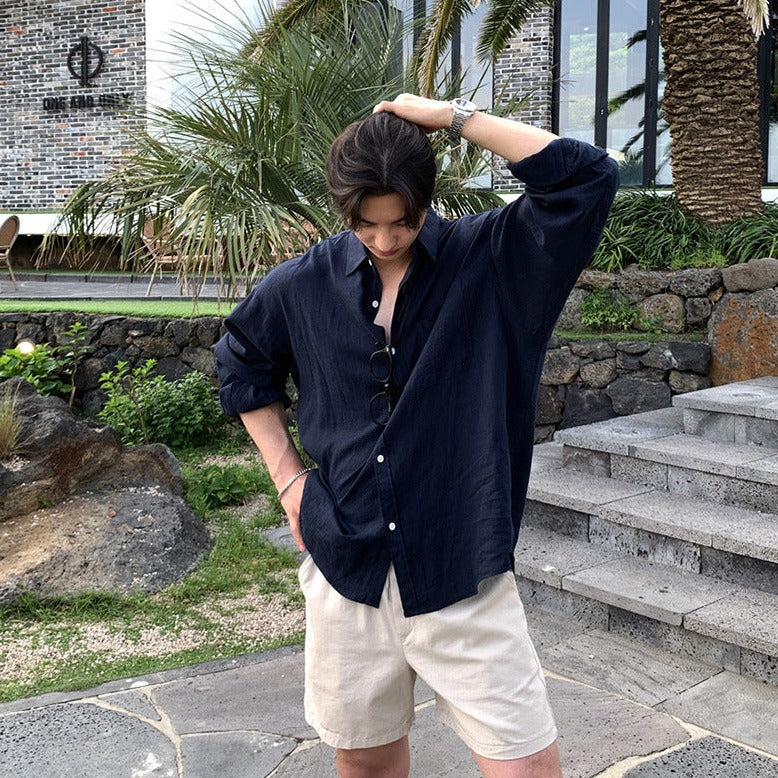 men's oversized linen shirt with button-down front and point collar