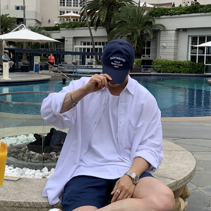 men's oversized linen shirt with button-down front and point collar