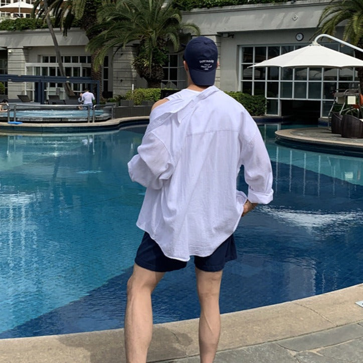 men's oversized linen shirt with button-down front and point collar