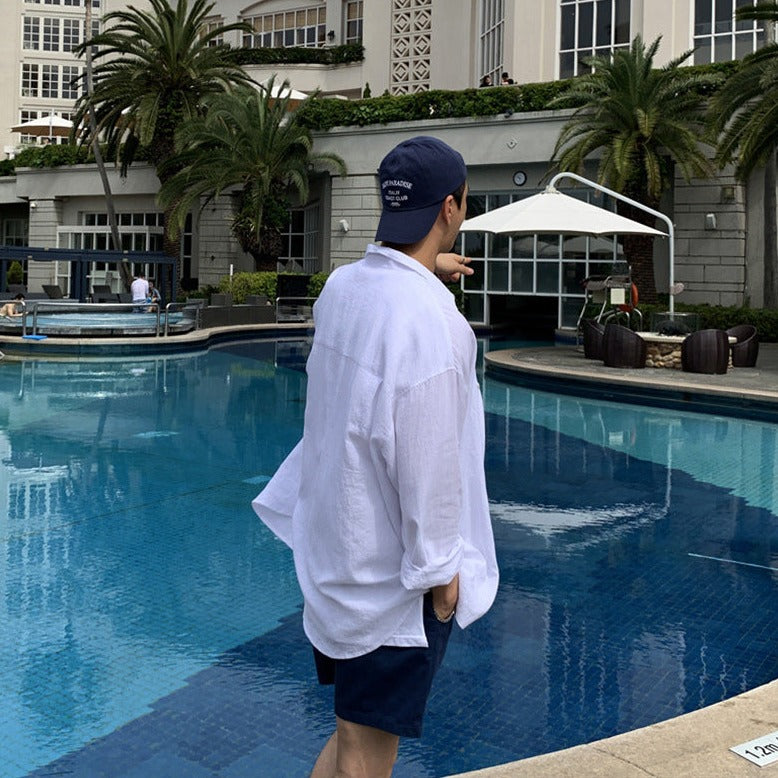 men's oversized linen shirt with button-down front and point collar