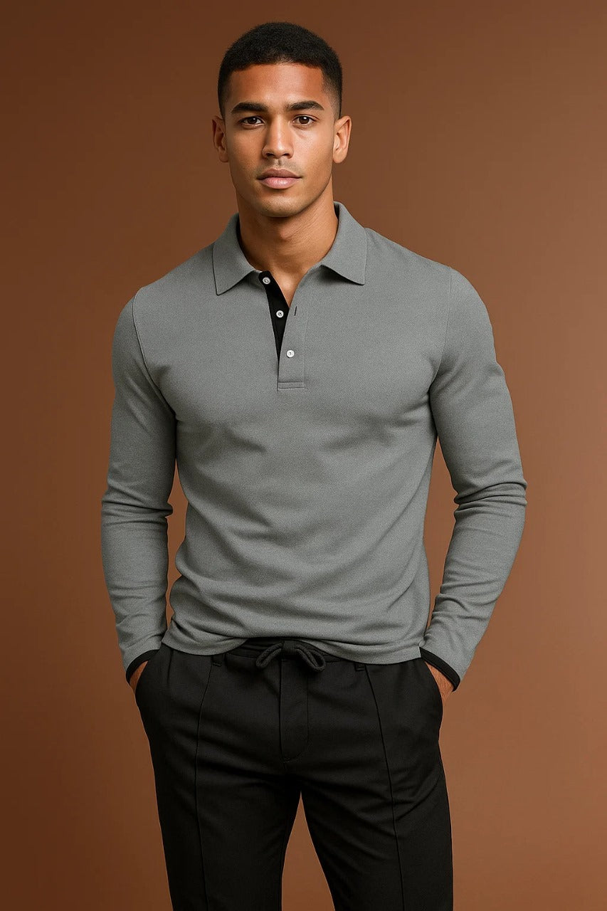 long sleeve polo shirt with collar and button placket for men