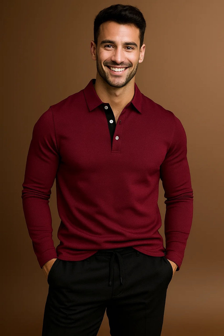 long sleeve polo shirt with collar and button placket for men