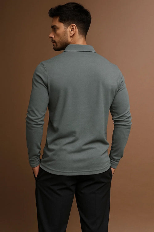 long sleeve polo shirt with collar and button placket for men