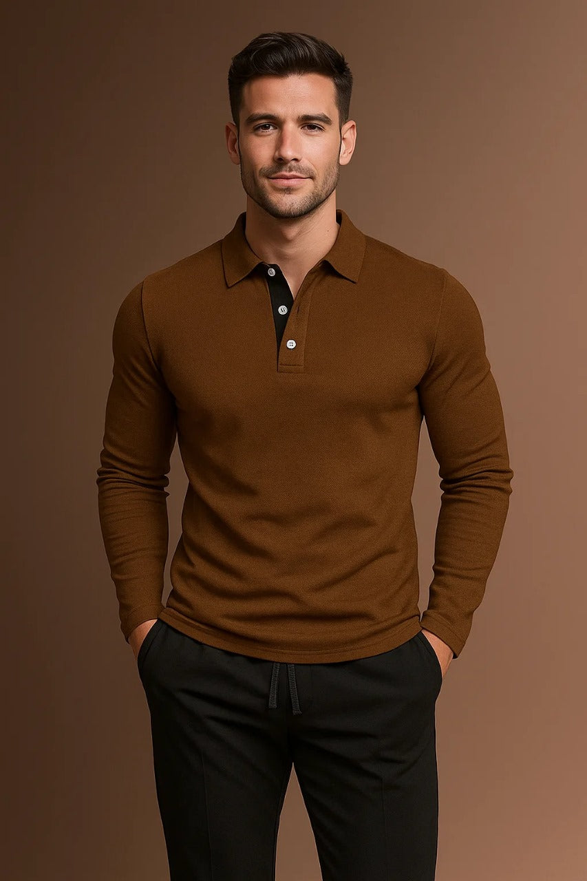 long sleeve polo shirt with collar and button placket for men