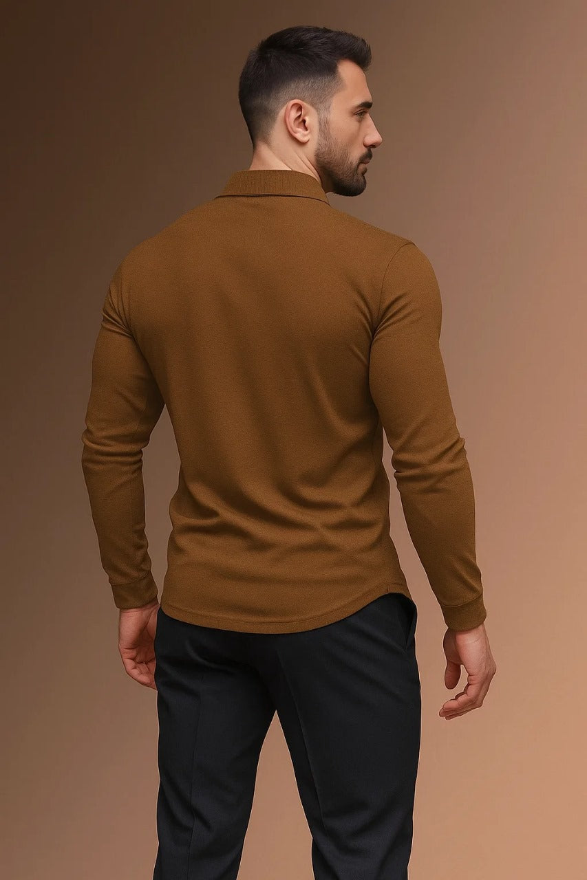 long sleeve polo shirt with collar and button placket for men