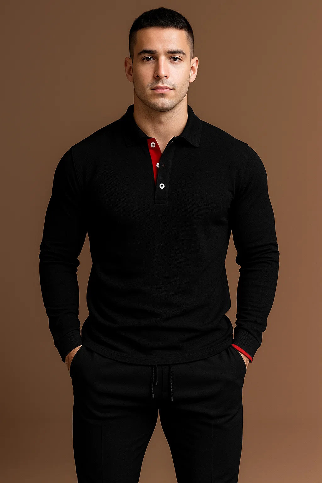 long sleeve polo shirt with collar and button placket for men