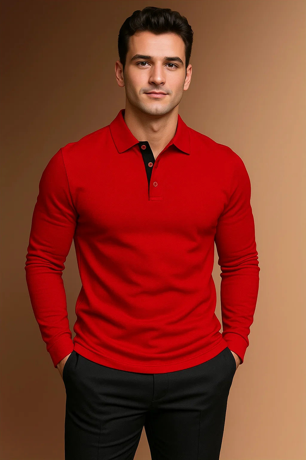 long sleeve polo shirt with collar and button placket for men