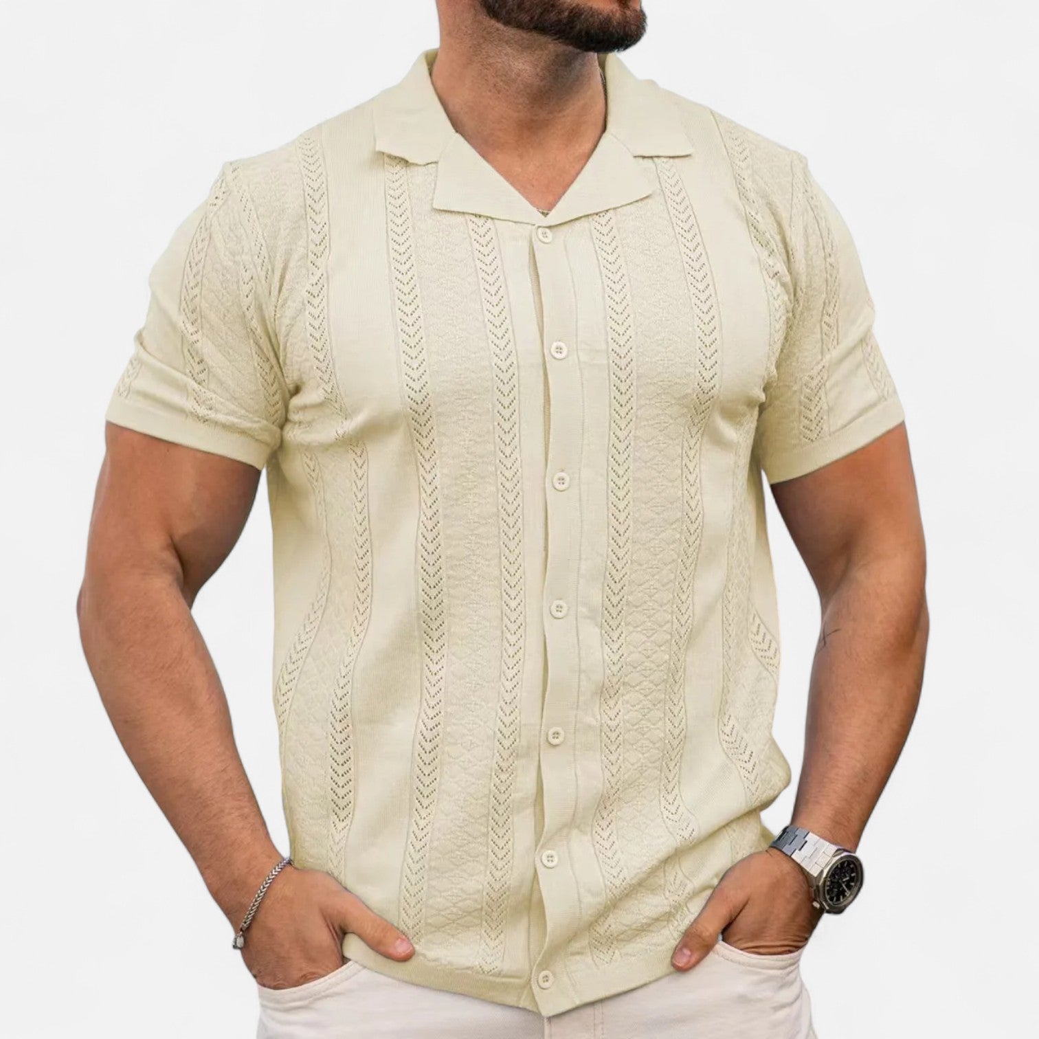 men's slim knit polo with cuban collar and chevron panel short sleeves