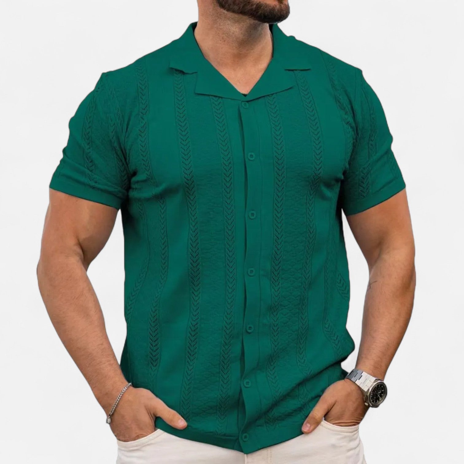 men's slim knit polo with cuban collar and chevron panel short sleeves